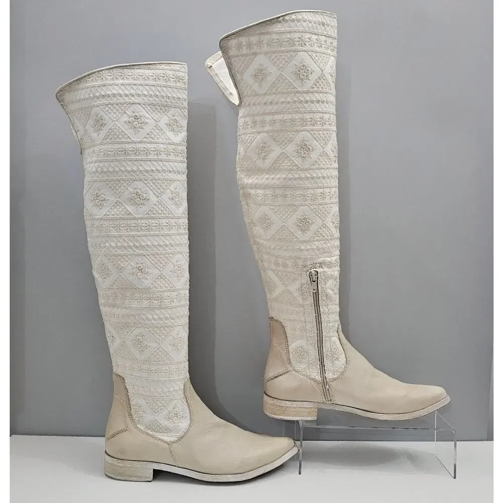 Free People Bren Knee High Boot Womens EU 37 Cream Embroidered Boho Slouchy NEW